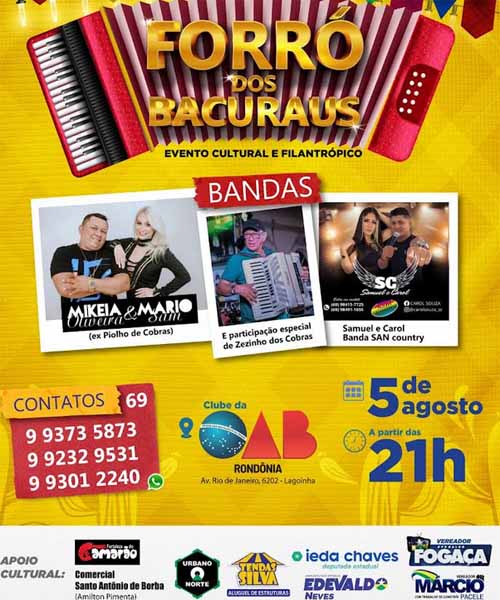 VEM AÍ O FORRÓ DOS BACURAU’S- Evento cultural e filantrópico acontece dia 05 de agosto, no clube da OAB