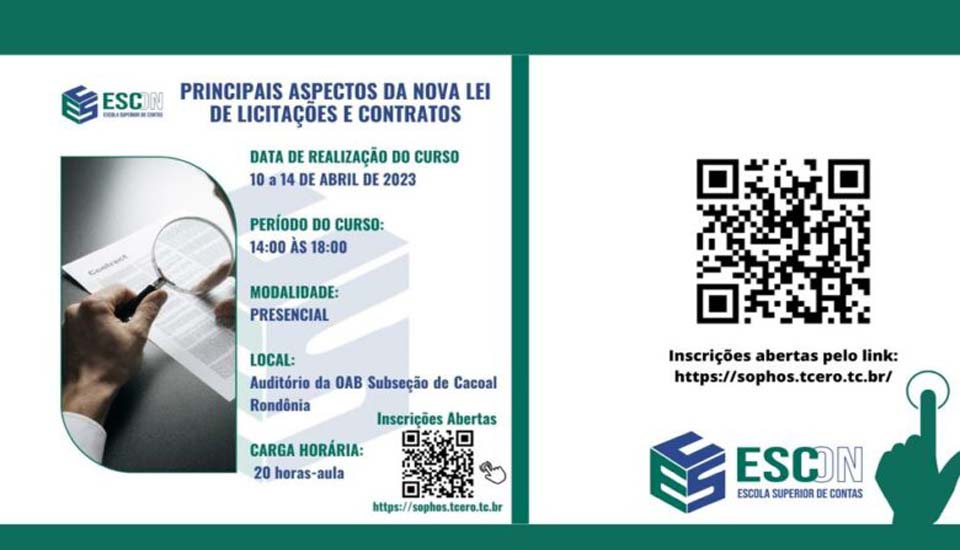 ESCon/TCE-RO oferta curso sobre os principais aspectos da Nova Lei de Licitações e Contratos, a ser realizado na OAB de Cacoal