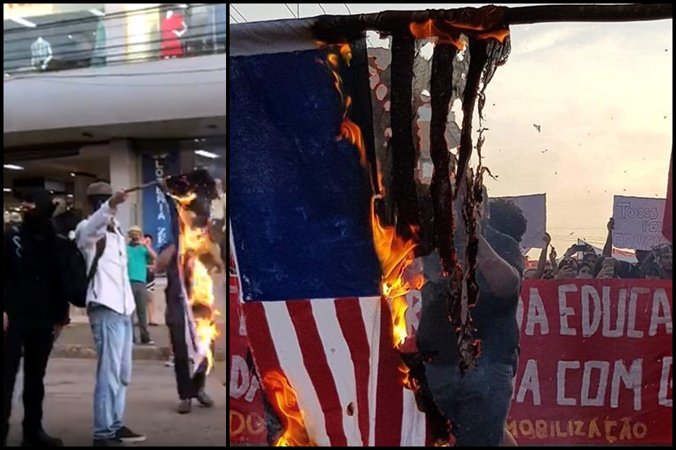 Vídeo – Em Porto Velho, manifestantes empunham a bandeira da Palestina e queimam as de Israel e dos Estados Unidos