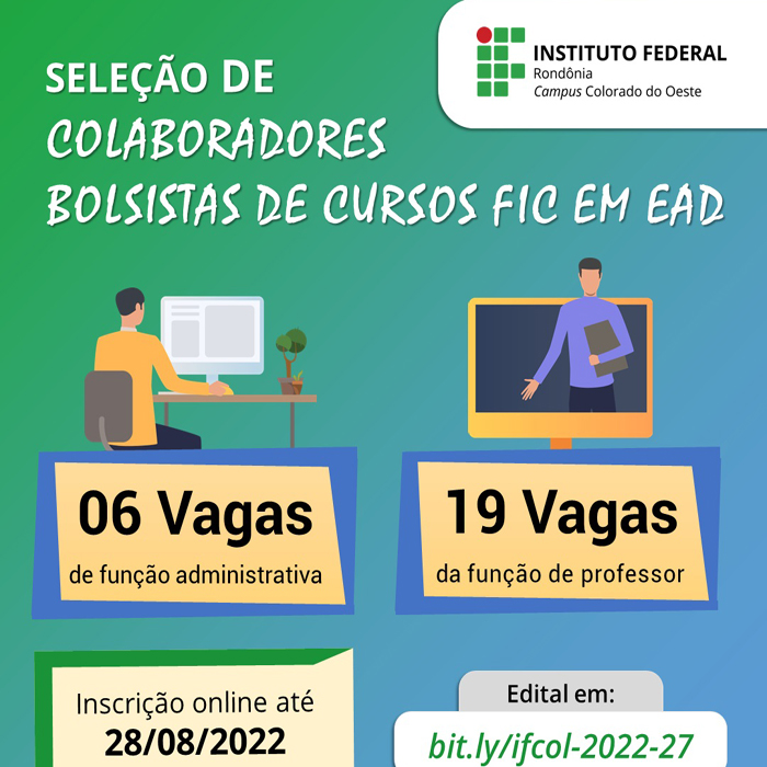 IFRO Campus Colorado do Oeste seleciona colaboradores bolsistas para cursos FIC a distância