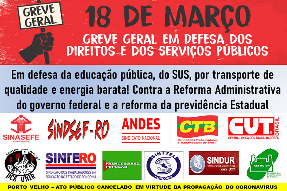 Entidades sindicais em Rondônia mantém 18 de março, dia de greve geral em defesa do serviço público