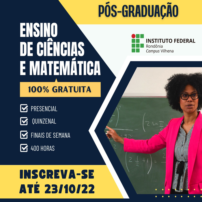 Últimos dias de inscrições para a Pós-graduação Lato Sensu em Ensino de Ciências e Matemática ofertada pelo Campus Vilhena