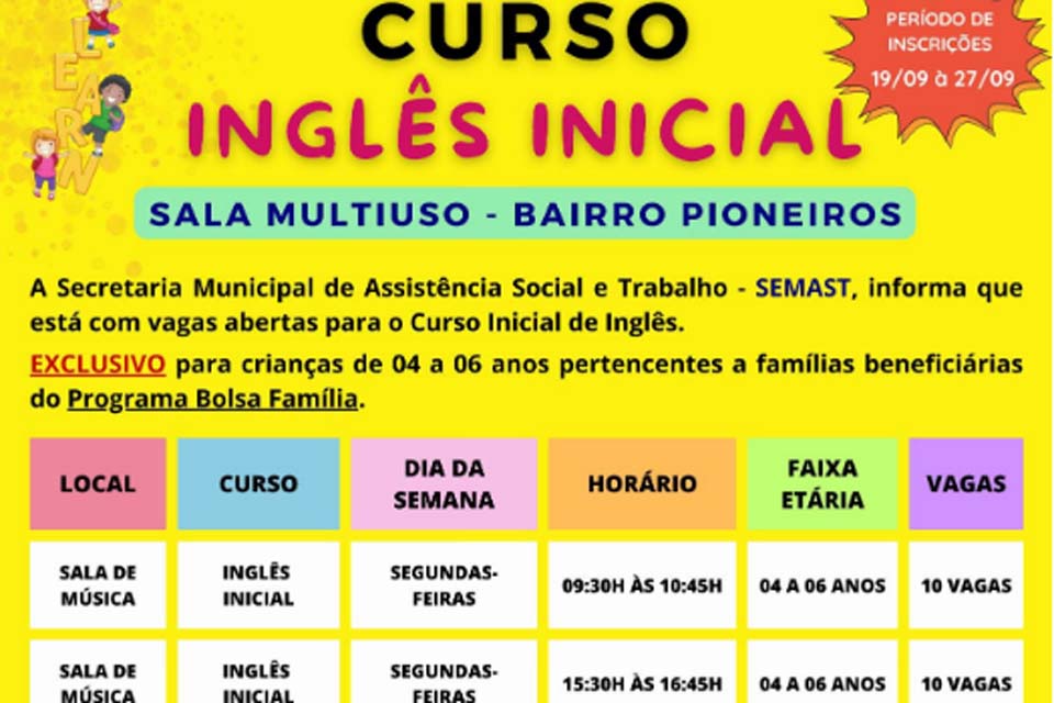 Matrículas abertas para o curso de Inglês inicial exclusivo para beneficiários do programa Bolsa Família